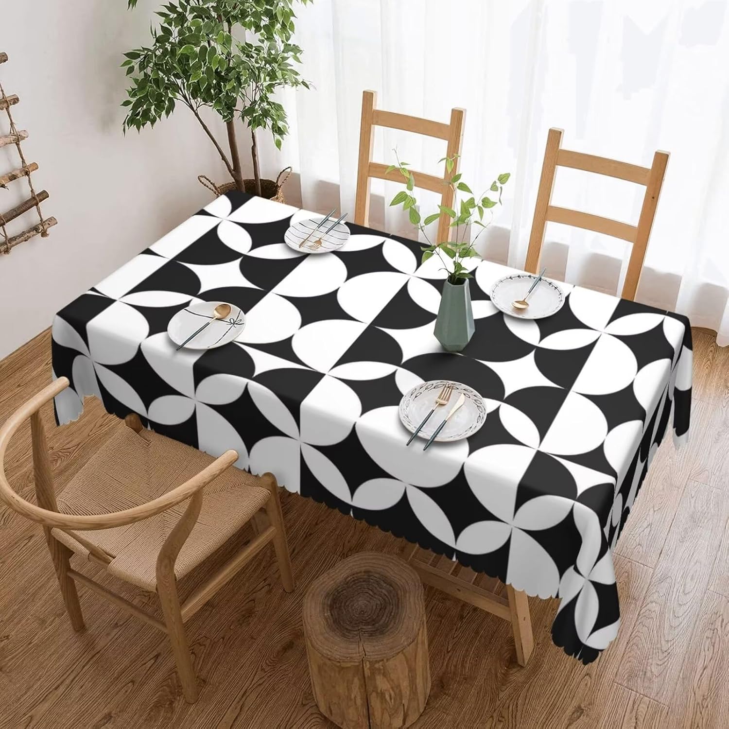 Century Textile & Sewing Supply Reviews - ミニマリストミッドセンチュリーモダンテーブルクロス、プレミアム幾何学模様の抽象アートテーブルカバー、黒と白のキッチンダイニング用