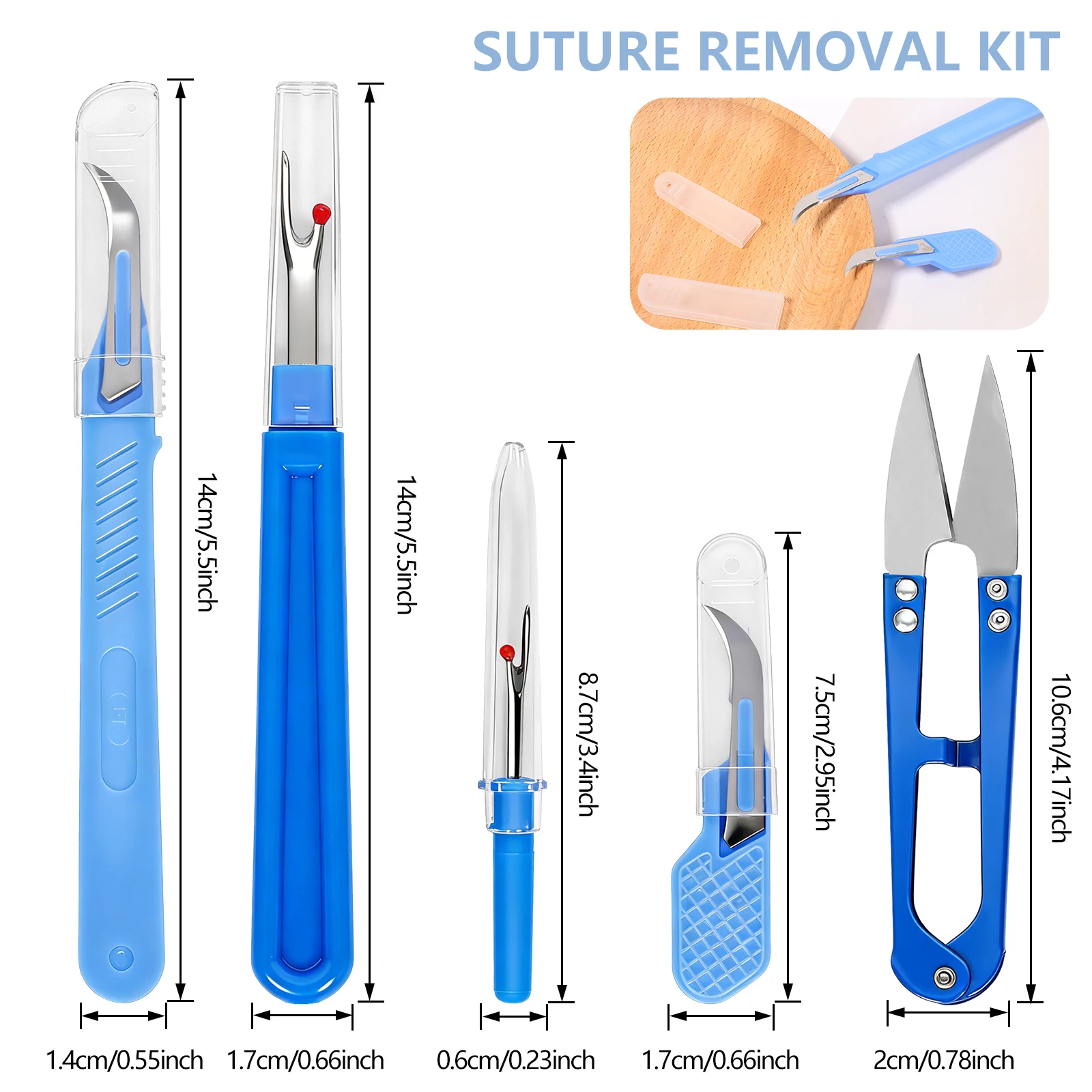 Sewing Kit - 青い縫い糸切り機キット5個セット（糸切り機、縫合糸切り機、ステッチ除去用ハサミを含む）