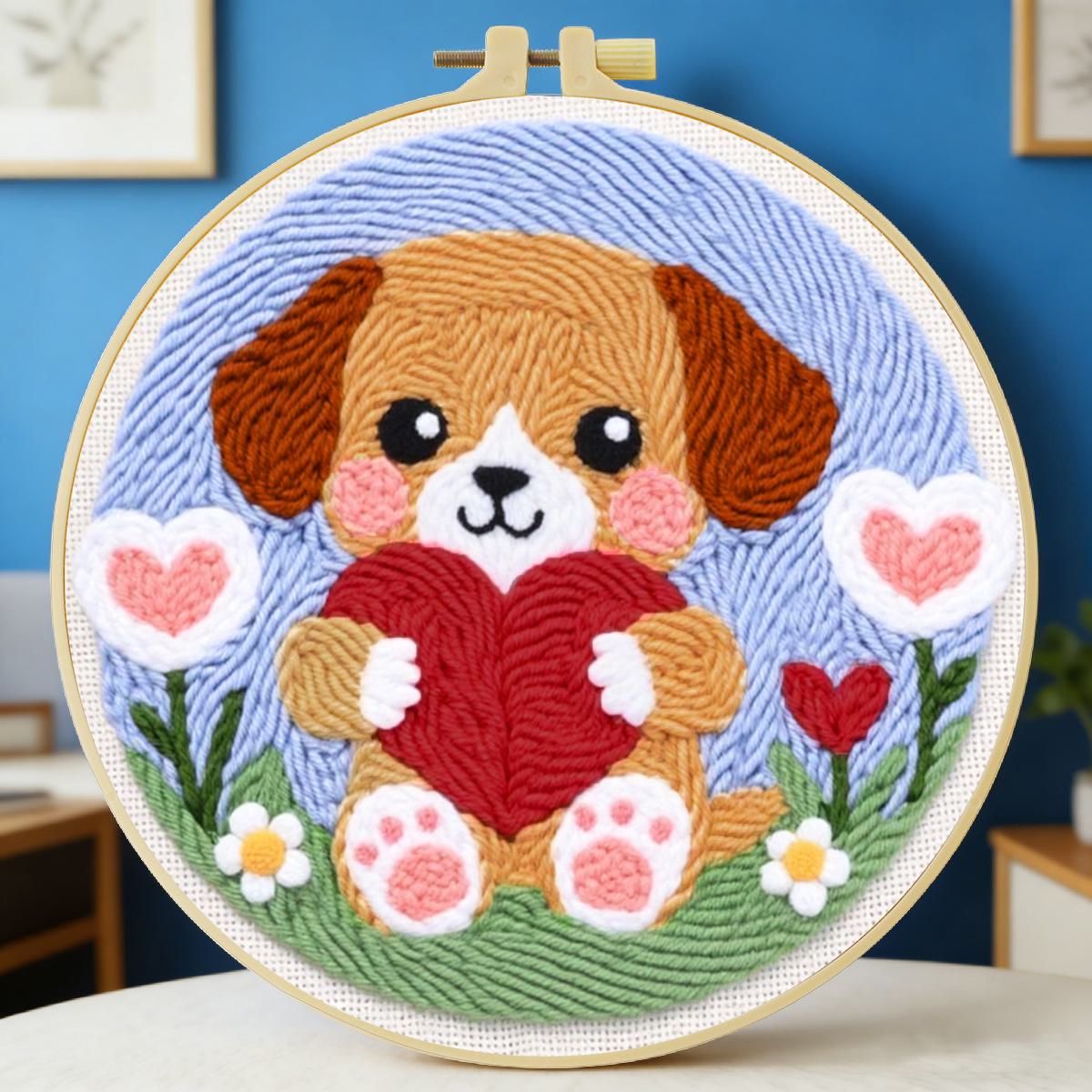 Sewing Textile Art - 20X20CM/7.87インチ犬柄パンチニードル刺繍セットキット、ステッチ刺繍、ニット刺繍、DIY手作りギフト、縫製アート