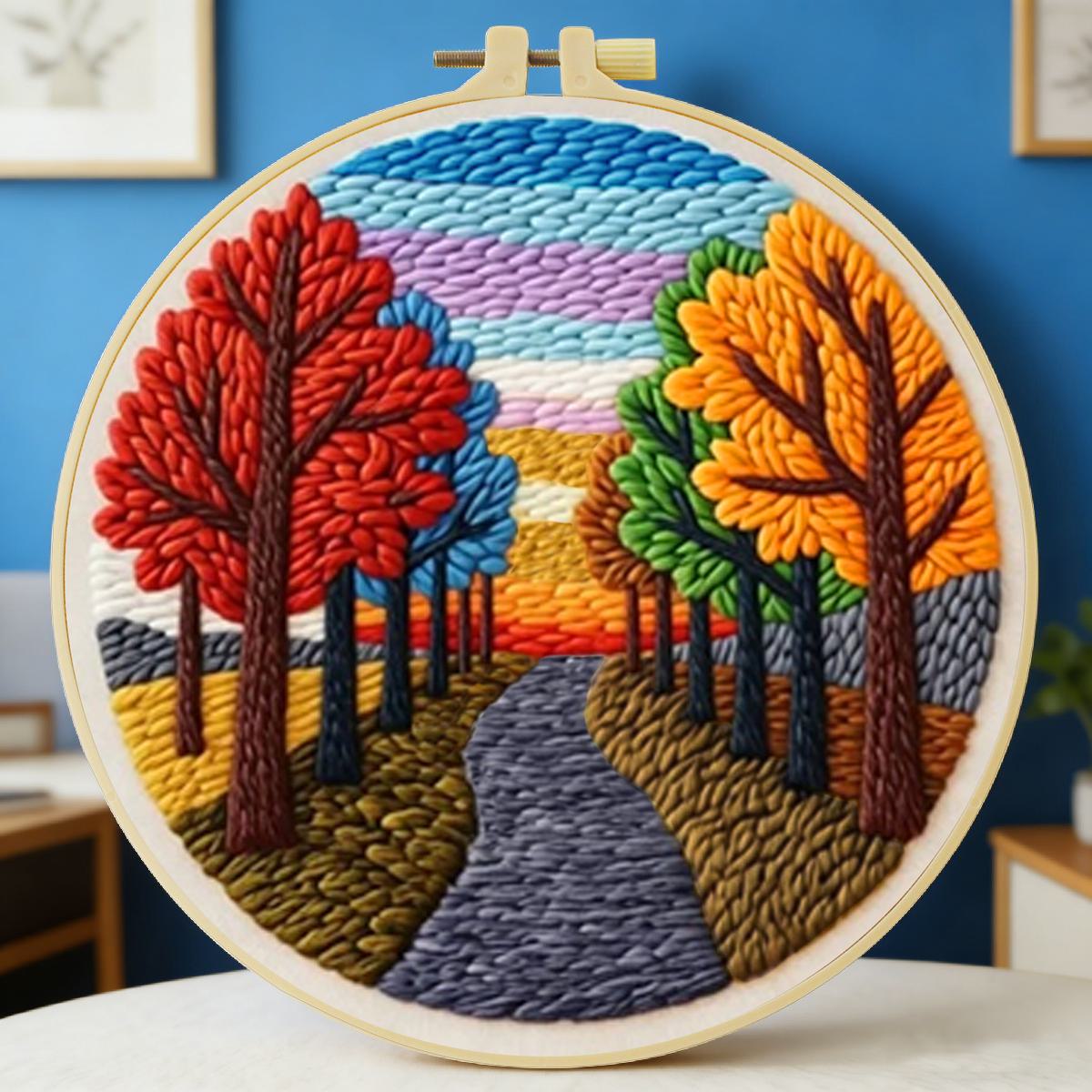 Sewing Textile Art - 20X20CM/7.87インチ 風景画 パンチニードル刺繍セットキット ステッチ刺繍 ニット刺繍 DIY