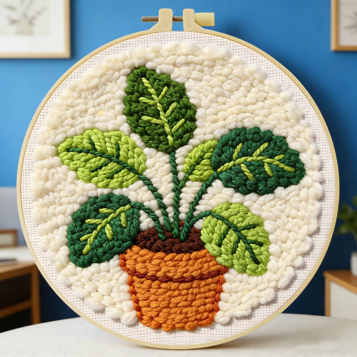 Sewing Textile Art - 20X20CM/7.87インチ リーフ柄 パンチニードル刺繍セットキット ステッチ刺繍 ニット刺繍 DIY