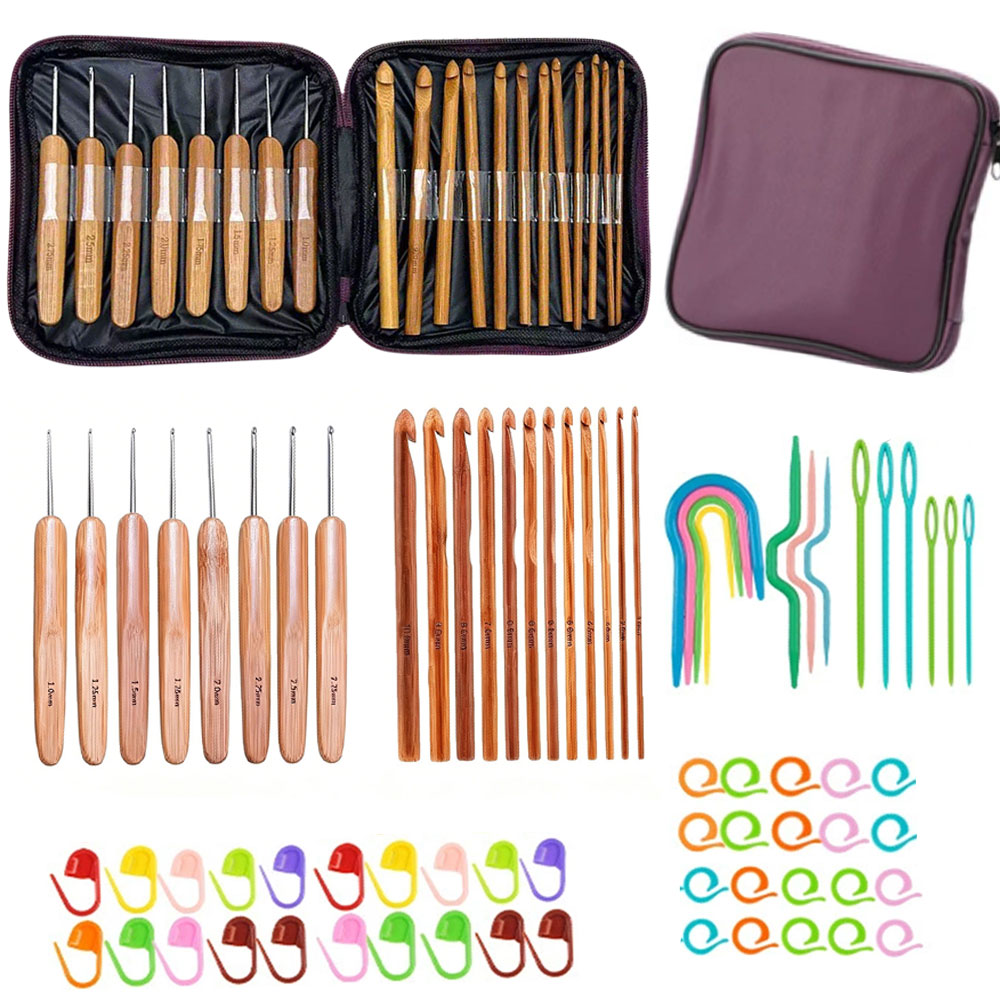 Sewing Kit - 74個入り竹製かぎ針セット、毛糸編み工芸用裁縫道具、携帯用収納バッグ付き編み物かぎ針セット、裁縫道具