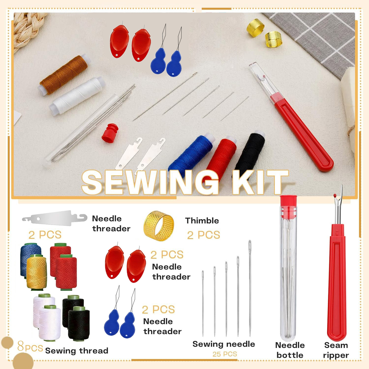 Sewing Kit - 43個入りビッグアイ縫い針キット、家庭必需品、硬鋼縫製アクセサリー、DIYクラフト必需品、家庭用衣類修理用品