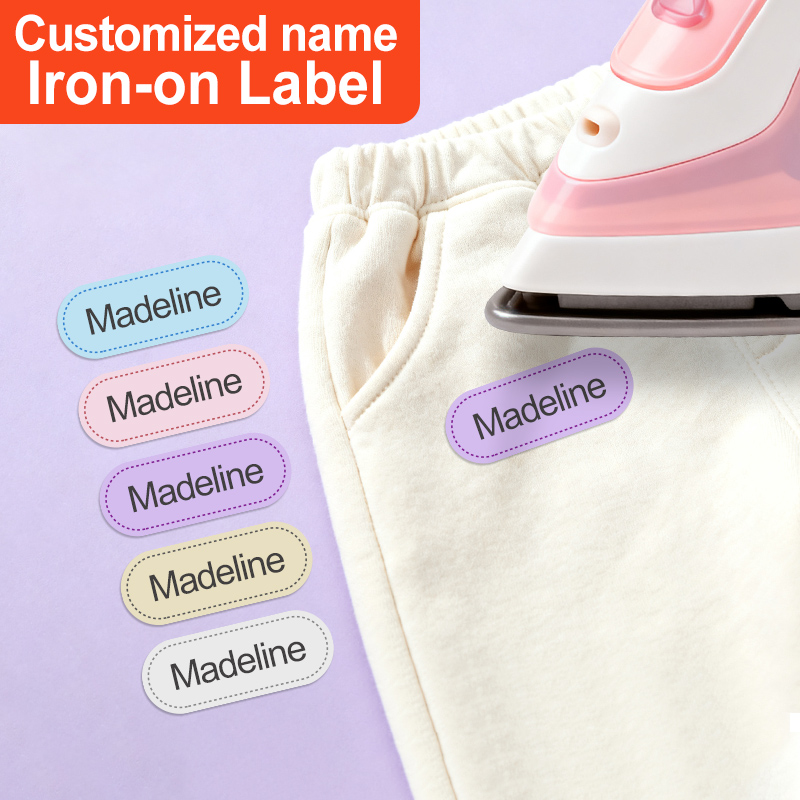 Sewing Labels - 衣類、学校制服、衣料品用のパーソナライズされた縫い付けラベル、縫い付け可能、アイロンがけ可能、ジャケット、帽子、バックパック、ジーンズ用