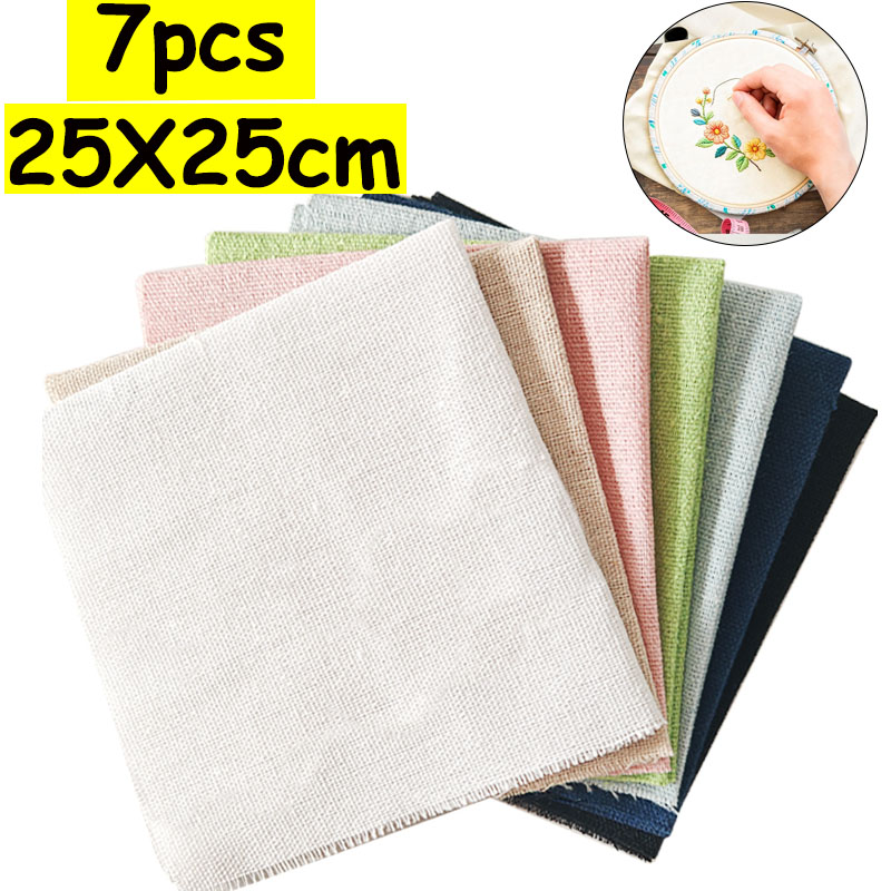 Sewing Textile Art - 25×25cmのリネン生地7点セット、天然リネン正方形生地、手縫い、アートペイント、刺繍、パッチワーク作品に最適