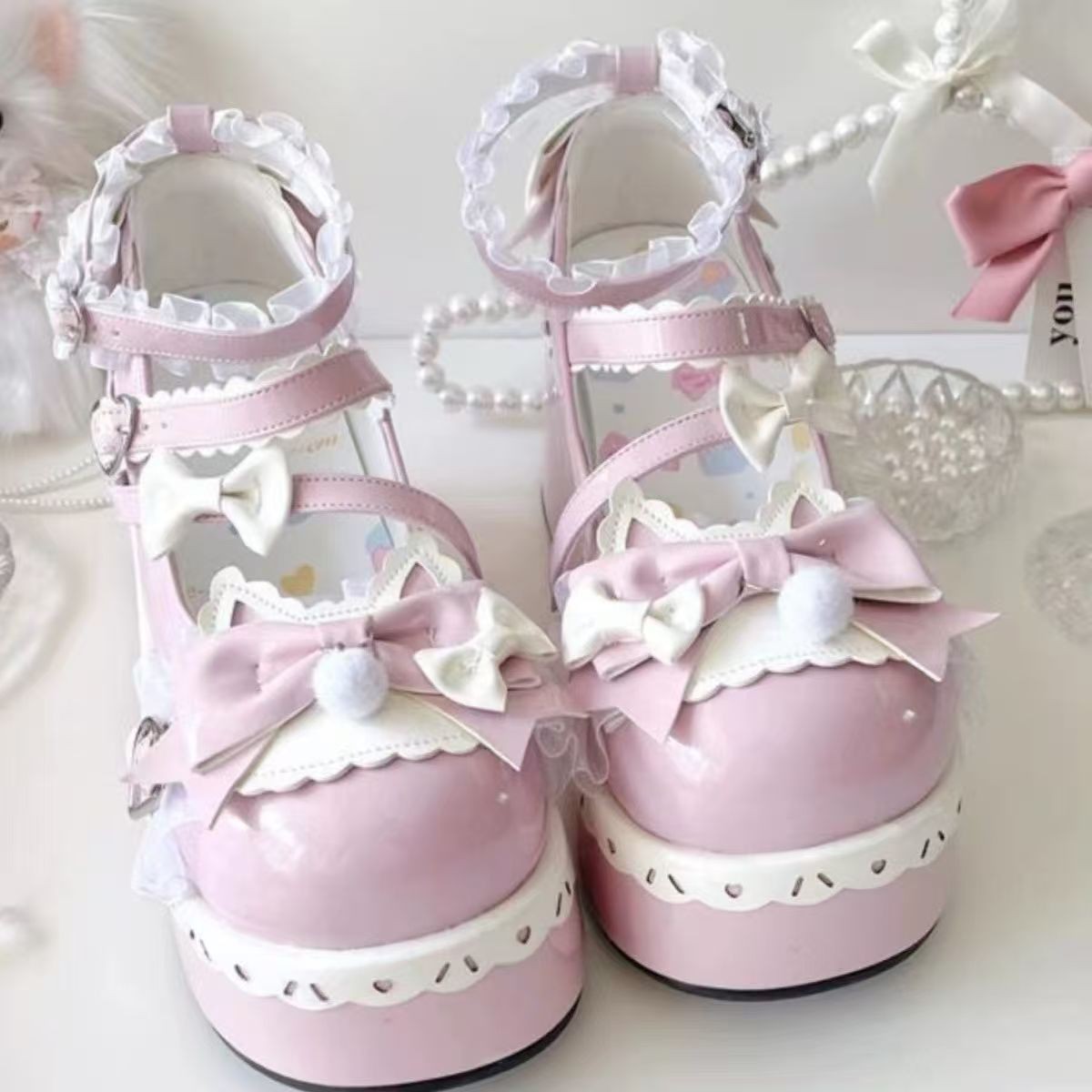 Sewing Nylon - ラブリーガールズ ロリータ スイートボウノット プラットフォームシューズ カワイイ アリス