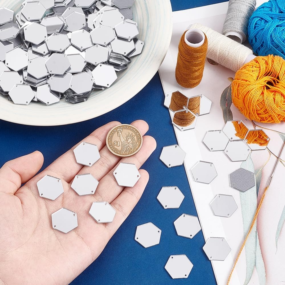 200個 六角形ミラー シルバーアクリルミラーピース 穴付き - Sewing Kit のレビューと価格