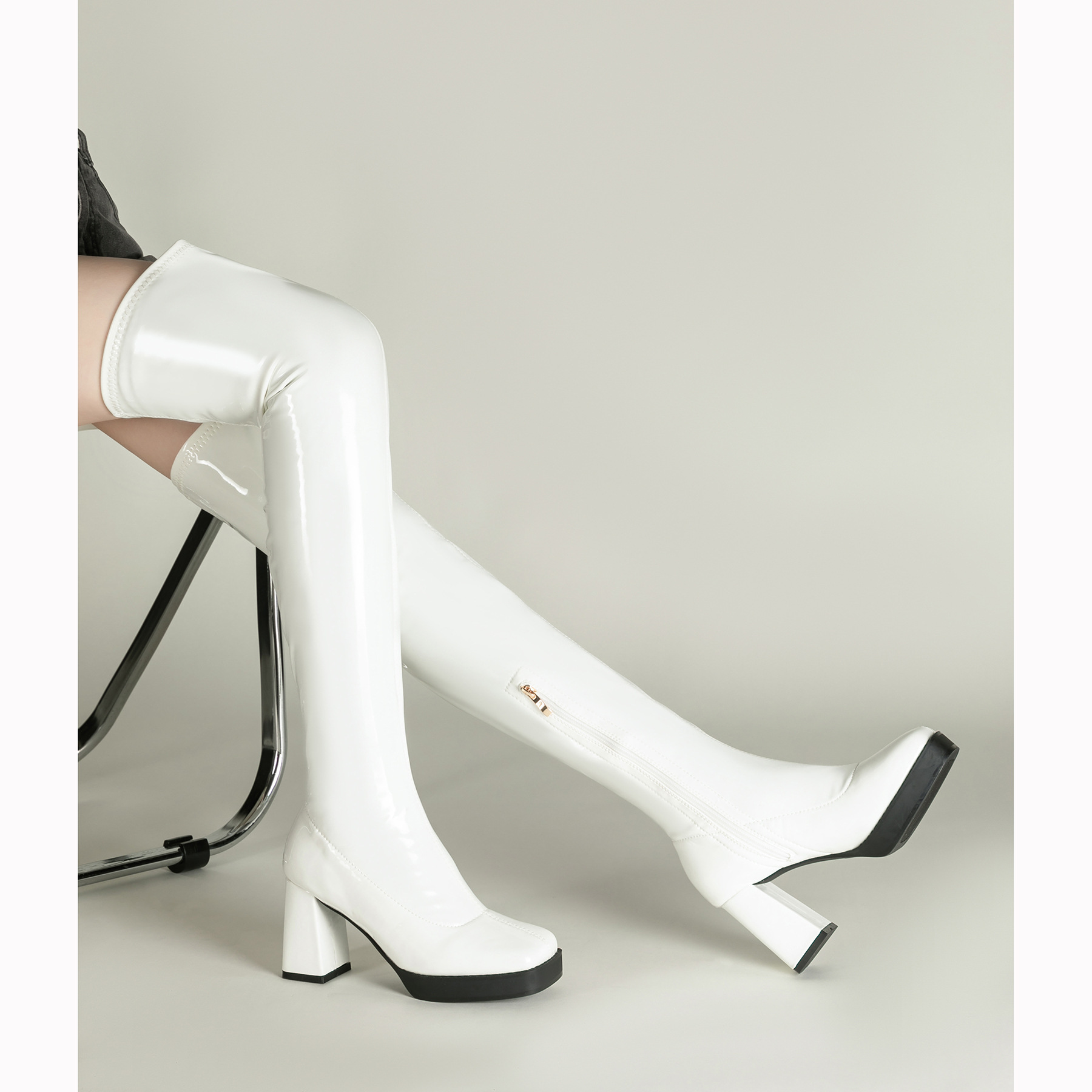 カスタマイズ レディース ロングブーツ ストレッチ パテント - Sewing Custom のレビューと価格